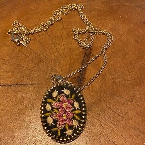 Embroidered Floral Pendant Necklace with Gold Tone Chain